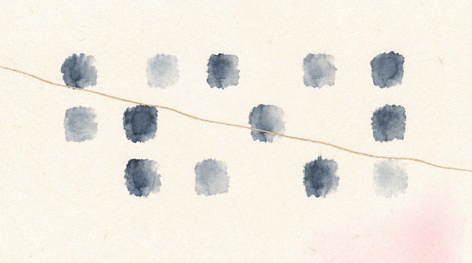 A grid of ink marks with several squares left blank, crossed by a single gold thread that does not break at the gaps.