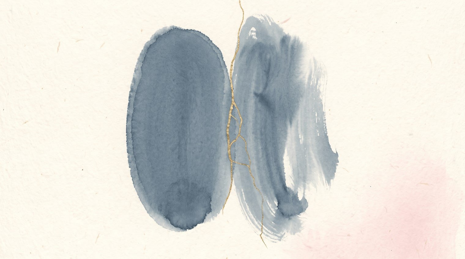 Two ink forms, one contained and one open, joined by a fine gold seam.