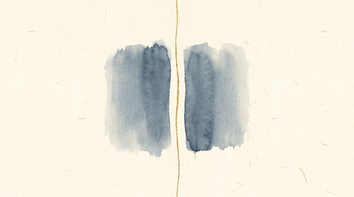 Sumi-e wash: two soft blocks of blue-grey ink with a narrow channel of bare paper between them, crossed by a thin gold thread.