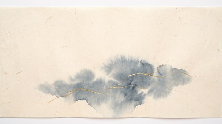 Sumi-e wash: a soft mass of blue-grey ink with fine gold threads running through it, like a current found inside a cloud.