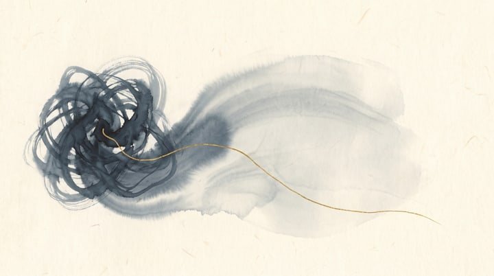 Sumi-e wash: a tight tangle of dark ink on the left loosening into a wide, calm pale wash on the right.