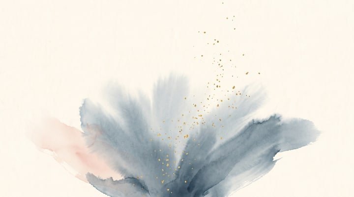 Sumi-e wash: a bloom of ink opening upward, with a scatter of tiny gold specks lifting away from it.