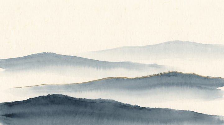 Sumi-e wash: four layered ridges of blue-grey ink receding into mist, with one hair-fine gold line along the horizon.