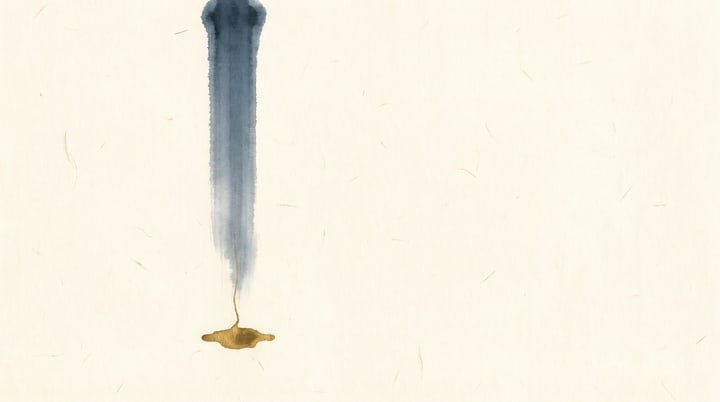 Sumi-e wash: one tall vertical column of ink running down the paper, fading as it falls, with a small pool of gold at its foot.