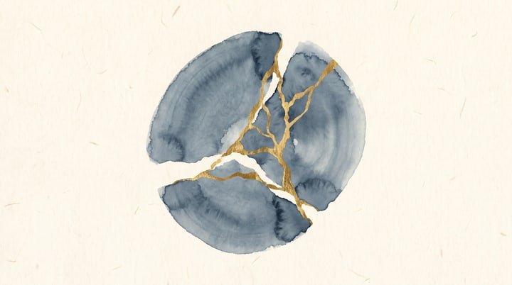 Sumi-e wash: a circle of blue-grey ink broken into three pieces and rejoined along branching seams of gold.