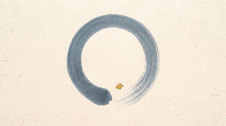 Sumi-e wash: a single enso circle painted in one stroke and left open at the bottom, with a small gold fleck in the gap.