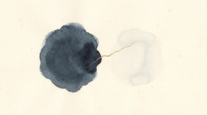 Sumi-e wash: a dense dark blot of ink beside a pale ghost of the same shape, joined by a single gold thread.