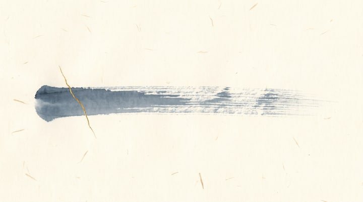 Sumi-e wash: one long horizontal brushstroke that starts wet and breaks into dry-brush striations, like a breath running out.